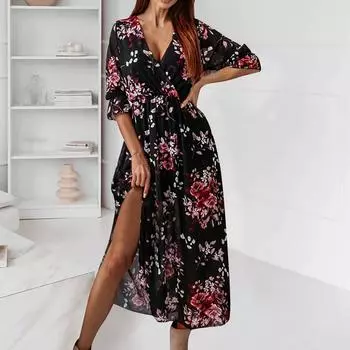 Женский пуловер со средней талией с V-образным вырезом и принтом, повседневное свободное и тонкое платье темперамента L чёрный