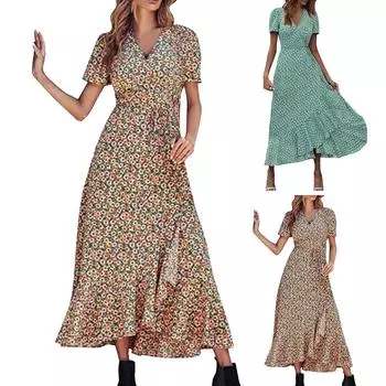 Женский пуловер со средней талией с V-образным вырезом и принтом, повседневное свободное и тонкое платье темперамента L зелёный