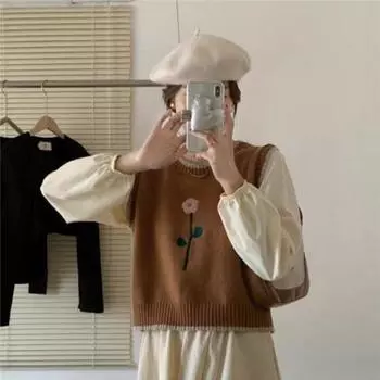 Женский пуловер-свитер 2022, осень с круглым вырезом, корейская версия, вязаный с вышивкой One Size чёрный