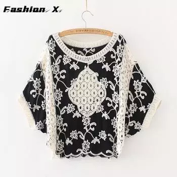 Женский пуловер-свитер с семью рукавами и вышивкой, летний вязаный топ больших размеров, женское свободное короткое платье с солнечной шалью One Size белый