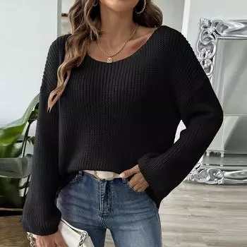 Женский пуловер-свитер, свободный топ с одной линией шеи, свитер с расклешенными рукавами и открытыми плечами L чёрный