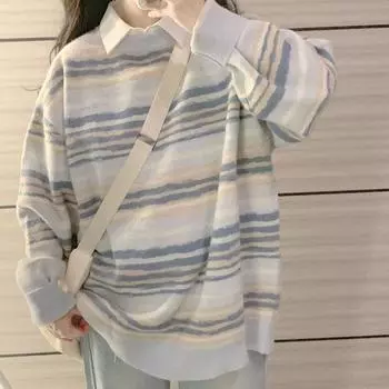 Женский пуловер, свободный осенний свитер с круглым вырезом и длинными рукавами, брендовый дизайн, уникальный полосатый трикотаж с длинными рукавами, женский свитер One Size синий