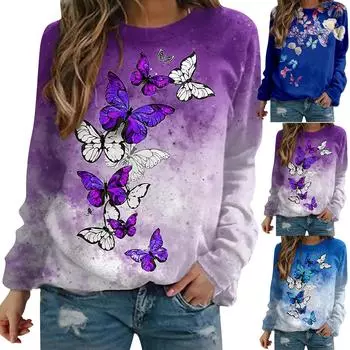 Женский пуловер, свободный свитер, разноцветная полосатая футболка с круглым вырезом и длинными рукавами L фиолетовый