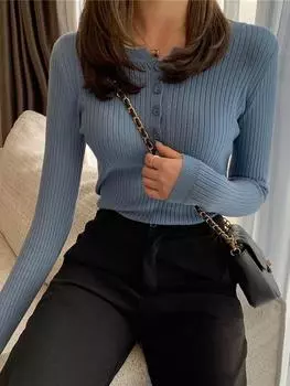 Женский пуловер, тонкий однотонный, в смелую полоску, топы на пуговицах, пуловеры с круглым вырезом, весна-осень, базовые свитера больших размеров One Size чёрный