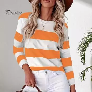 Женский пуловер, топы, цветные блоки, полосатый принт, круглый вырез, длинный рукав, толстовка, повседневная блузка, повседневная одежда XXL оранжевый