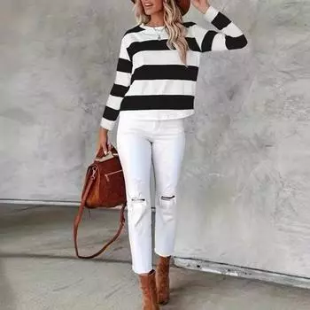 Женский пуловер, топы, цветные блоки, полосатый принт, круглый вырез, длинный рукав, толстовка, повседневная блузка, повседневная одежда S чёрный