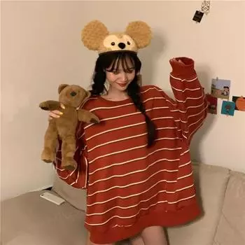 Женский пуловер в полоску с принтом Ulzzang, корейская модная одежда с длинным рукавом и круглым вырезом, одежда больших размеров M белый