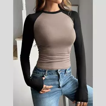 Женский пуловер Y2K осенне-зимний с длинным рукавом, круглым вырезом, цветным блоком, облегающего кроя, футболка-топ S