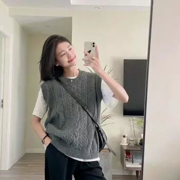 Женский пуловер-жилет, свитер 2022, однотонный повседневный свитер без рукавов с поясом и раннеосенний вязаный пуловер-жилет, женский свитер One Size серый