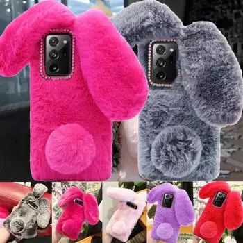 Женский пушистый чехол для телефона с блестящим бриллиантом и кроликом для iPhone 15 14 13 12 11 Pro Max XS XR X 7 8 Plus Samsung S23 S22 S21 S20 ULTra Plus Note 20 Note10 iPhone 6 темно-серого