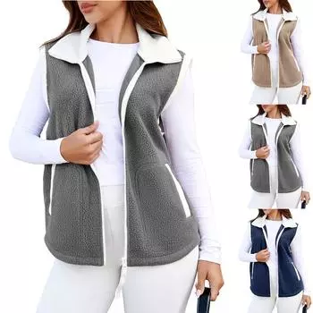 Женский пушистый флисовый жилет, повседневная верхняя одежда без рукавов, дорожная куртка на молнии, легкая теплая жилетка с карманами L чёрный