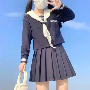 Женский японский школьный костюм с длинным рукавом и короткой юбкой, комплект из 2 предметов S темно-синий