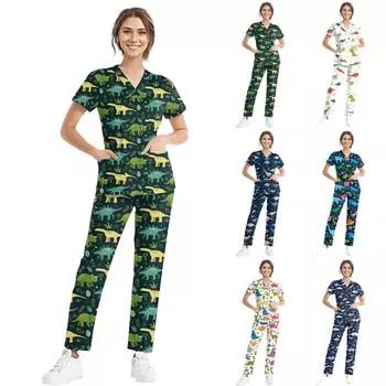 Женский рабочий топ с коротким рукавом, V-образным вырезом, нагрудным карманом и изображением животных, эластичный пояс, брюки, комплект из двух предметов, 3 кармана, халаты для женщин S синий