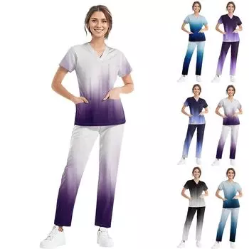 Женский рабочий топ с коротким рукавом, V-образным вырезом, нагрудным карманом, эластичным поясом, рабочим комплектом из двух частей, 3 кармана, х/б топы для женщин XXXL чёрный