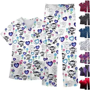 Женский рабочий топ с короткими рукавами и v-образным вырезом с животным принтом, нагрудный карман, рабочий топ, брюки с эластичной резинкой на талии, рабочий комплект из двух предметов S синий