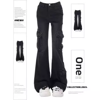 Женский расклешенный джинсовый комбинезон черного и серого цвета с высокой талией — национальный тренд, американский стиль, большой размер, облегающий фасон «подкова». 2XL чёрный/серый