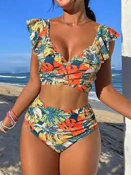 Женский раздельный купальник 2025 года с высокой талией, утягивающий, с разрезом, с принтом в стиле кросс-бордер и дизайном с завязками для отпуска Small