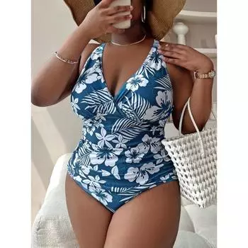 Женский раздельный купальник больших размеров, цветочный принт, консервативный стиль, комплект танкини с перекрестными бретелями на спине, летняя пляжная одежда 0XL(12) синий