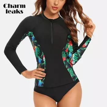 Женский раздельный купальник Charmleaks из двух частей, купальник с длинными рукавами и принтом, трусы, комплект рашгарда, костюм для серфинга UPF 50+