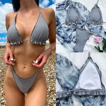 Женский раздельный купальник с высокой талией из двух частей, комплект бикини, летний пляжный купальник с оборками S серый