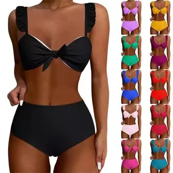 Женский раздельный модный бикини однотонный сексуальный с бюстгальтером без стального бюстгальтера купальник L чёрный
