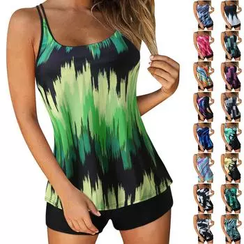 Женский раздельный модный напечатанный большой размер плоский костюм сексуальный с подкладкой на груди без стального бюстгальтера купальник L чёрный