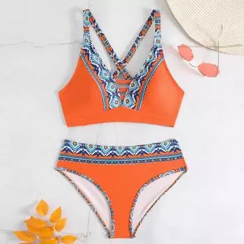 Женский раздельный модный сексуальный купальник-бикини с принтом и подкладкой для груди без стальных скобок XXXXXL шафрановый