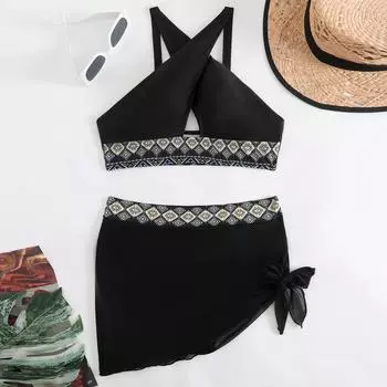 Женский раздельный модный сексуальный купальник-бикини с принтом и подкладкой для груди без стальных скобок L чёрный