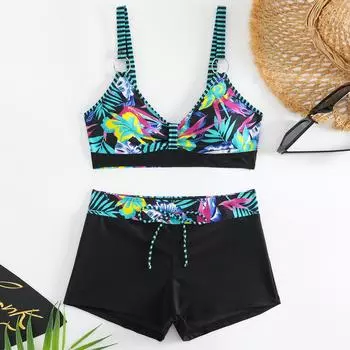 Женский раздельный модный сексуальный купальник-бикини с принтом и подкладкой для груди без стальных скобок XXL циан