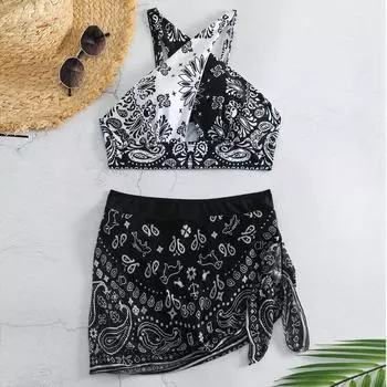 Женский раздельный модный сексуальный купальник-бикини с принтом и подкладкой для груди без стальных скобок XXL чёрный