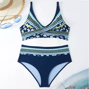 Женский раздельный модный сексуальный купальник-бикини с принтом и подкладкой для груди без стальных скобок XXXXXL циан