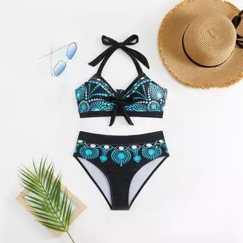 Женский раздельный модный сексуальный купальник-бикини с принтом и подкладкой для груди без стальных скобок XXXXXL циан