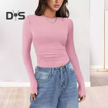 Женский ребристый топ с длинным рукавом, легкая рубашка с круглым вырезом, повседневная одежда S оранжевый