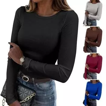 Женский ребристый топ с длинным рукавом, легкая рубашка с круглым вырезом, повседневная одежда XL розы красного