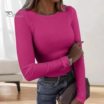 Женский ребристый топ с длинным рукавом, легкая рубашка с круглым вырезом, повседневная одежда M вино красного