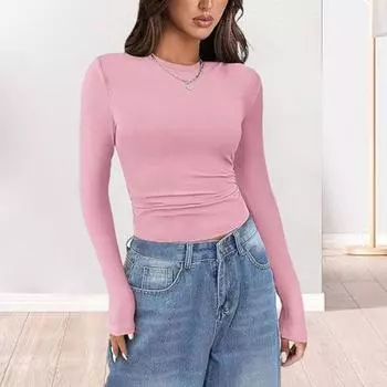 Женский ребристый топ с длинным рукавом, легкая рубашка с круглым вырезом, повседневная одежда S розы красного