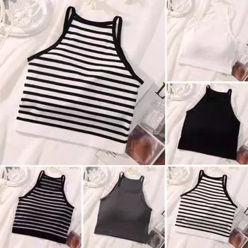 Женский ребристый топ с подкладкой, летний топ без рукавов со спинкой-борцовкой и встроенным бюстгальтером, укороченный топ на тонких бретельках