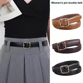 Женский ремень из искусственной кожи для платьев, брюк, юбок, тонкий пояс с золотой пряжкой для повседневной носки, школы, улицы чёрный