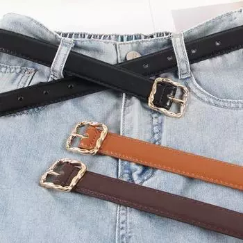 Женский ремень из искусственной кожи для платьев, брюк, юбок, тонкий пояс с золотой пряжкой для повседневной носки, школы, улицы чёрный