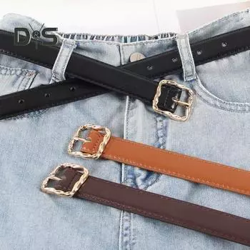 Женский ремень из искусственной кожи для платьев, брюк, юбок, тонкий пояс с золотой пряжкой для повседневной носки, школы, улицы чёрный