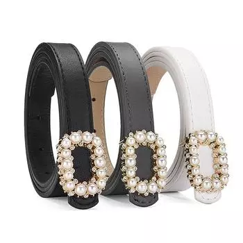 Женский ремень из натуральной кожи с пряжкой, инкрустированной жемчугом, высококачественный, подходящий к платью, свитеру, универсальный чёрный