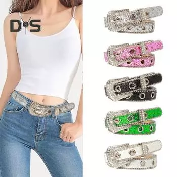 Женский ремень с блестками, блестящими стразами, несколькими отверстиями, регулируемой длиной, пояс из искусственной кожи, уличный стиль серебряный