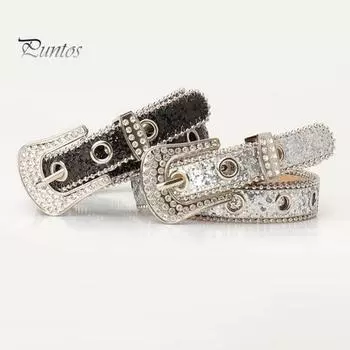 Женский ремень с блестками, блестящими стразами, несколькими отверстиями, регулируемой длиной, пояс из искусственной кожи, уличный стиль розы красного