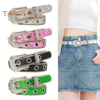 Женский ремень с блестками, блестящими стразами, несколькими отверстиями, регулируемой длиной, пояс из искусственной кожи, уличный стиль чёрный