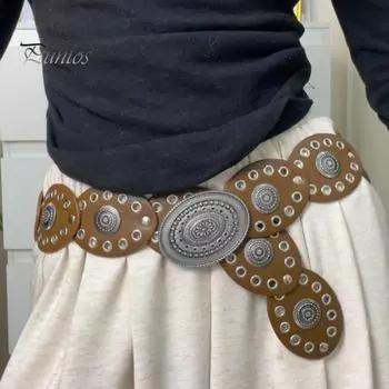 Женский ремень с круглой пряжкой и широкими люверсами, регулируемый ремень из искусственной кожи, преувеличенно круглый пояс с полым диском кофейный