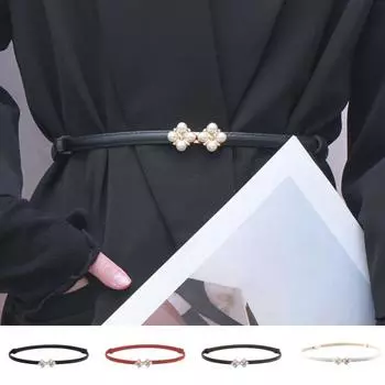 Женский ремень с регулируемой окружностью талии, имитация жемчуга, пояс из искусственной кожи, платья, рубашки, свитера, пояс чёрный