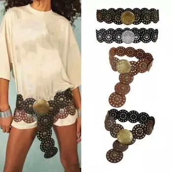 Женский ремень, винтажный полый ковбойский стиль, износостойкий круглый преувеличенный широкий пояс в западном стиле коричневый