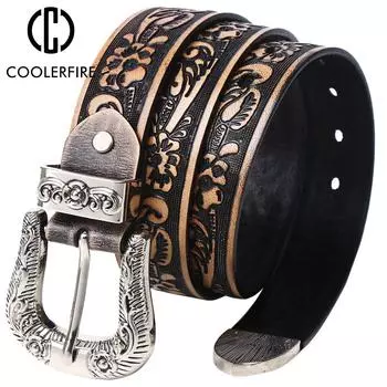 Женский ремень, винтажный верхний слой кожи, 100% коровья кожа, высокое качество, повседневный модный джинсовый ремень, кожаный ремень с гравировкой для женщин PK009 100cm чёрный