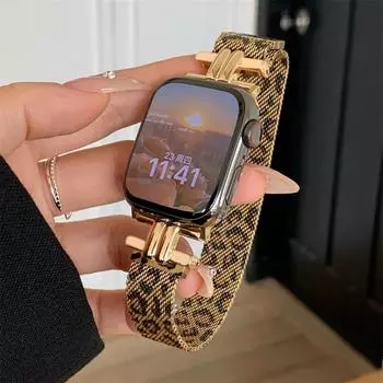 Женский ремешок с леопардовым принтом для iWatch 38 мм 42 мм 41 мм для Apple Watch Series 9 8 Ultra 2 49 мм SE 7 6 5 40 мм 44 мм 45 мм Браслет из нержавеющей стали