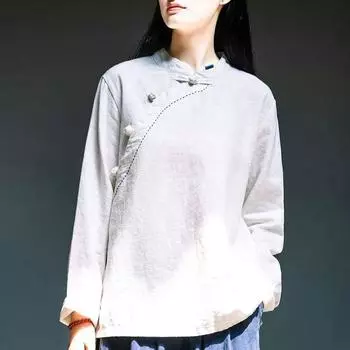 Женский ретро-хлопковый льняной топ с длинным рукавом и воротником-стойкой 4XL